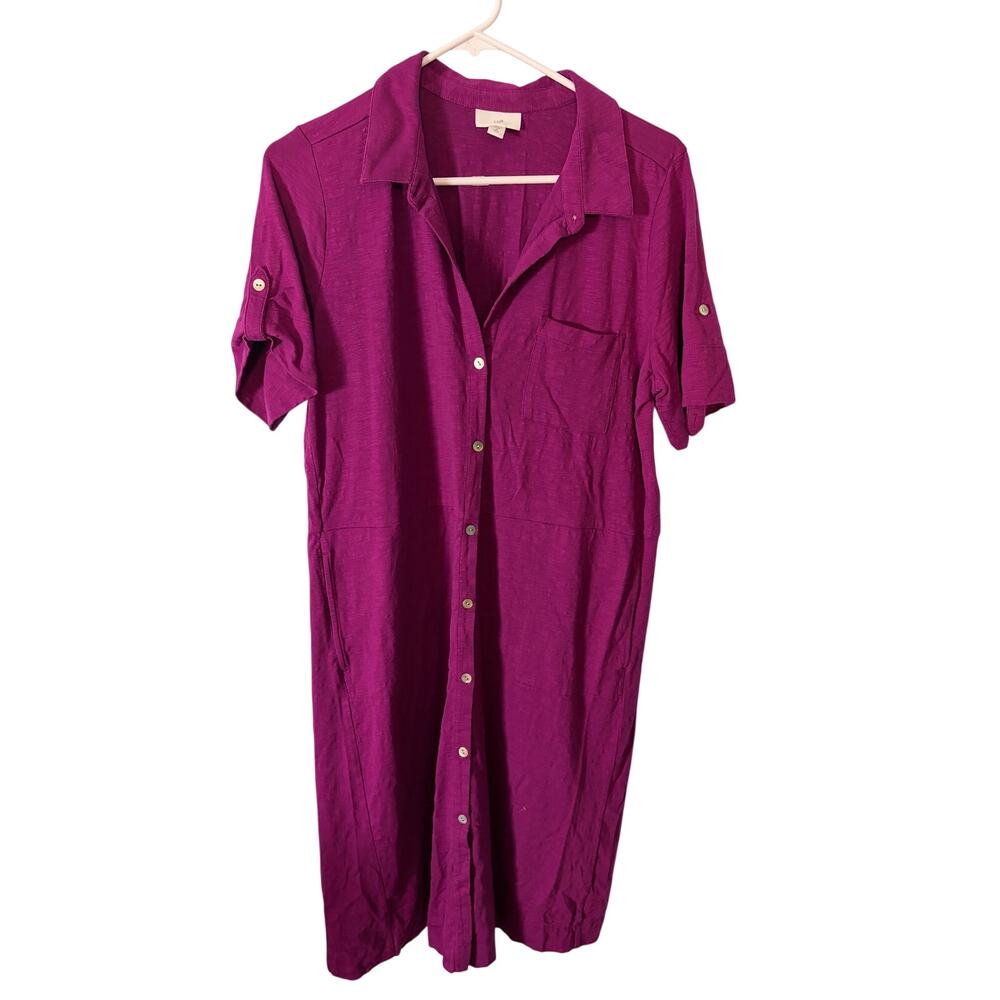 J.Jill M Button Front Shirt Dress Tencel Roll Tab Midi Pockets Summer Travel